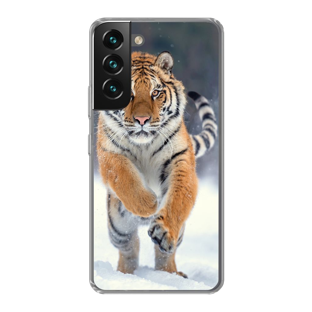 MuchoWow Handyhülle Schutzhülle Hülle für Samsung Galaxy S22 Tiger - Landschaft - Schnee - Tiere Silikon Softcase Handy Hülle - Mobiltelefon...