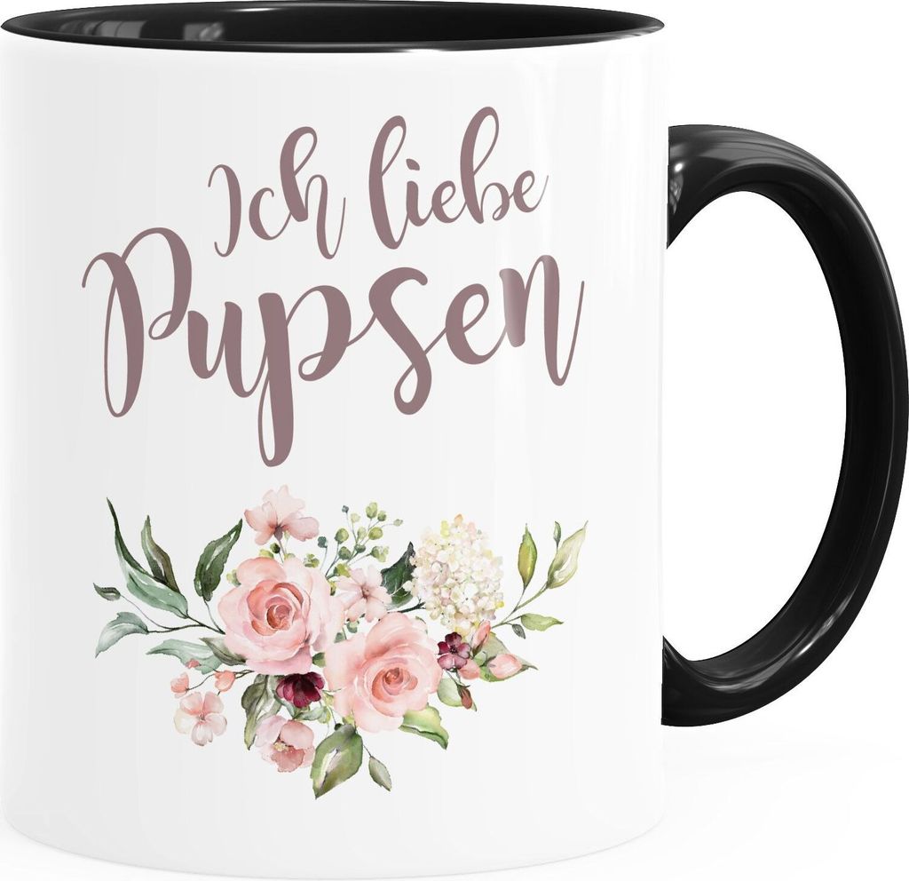 Ich liebe Pupsen Tasse Blumenkranz Rosen Kaffeetasse Teetasse Keramiktasse MoonWorks schwarz Keramik-Tasse