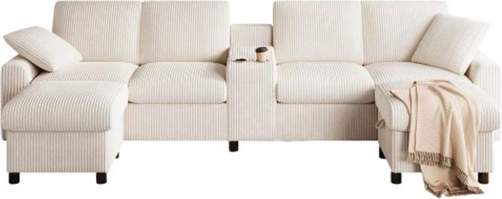 U-Form Cord Sofa Komplettset - Inkl. 2 Hocker, Couchtisch, USB/Steckdosen/Type-C, Grau 315x135x81cm,Beige