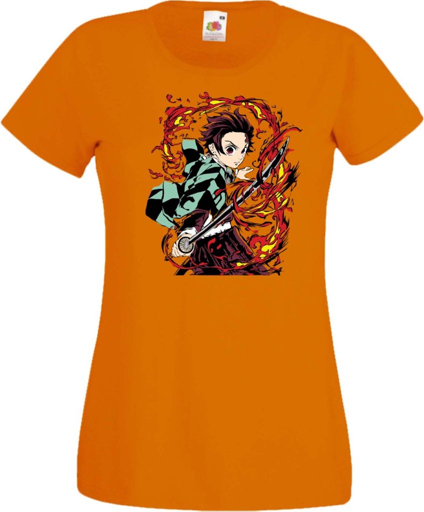 Damen T-Shirt Demon Anime Slayer Tanjiro Kamado 07 Var-019, Lady XS / Orange