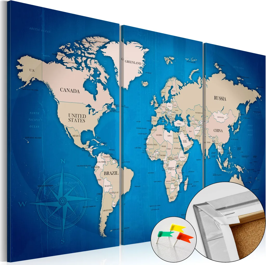 Quadro Sughero Ink Journey 120x80 - Mappa Mondo Vintage per Parete