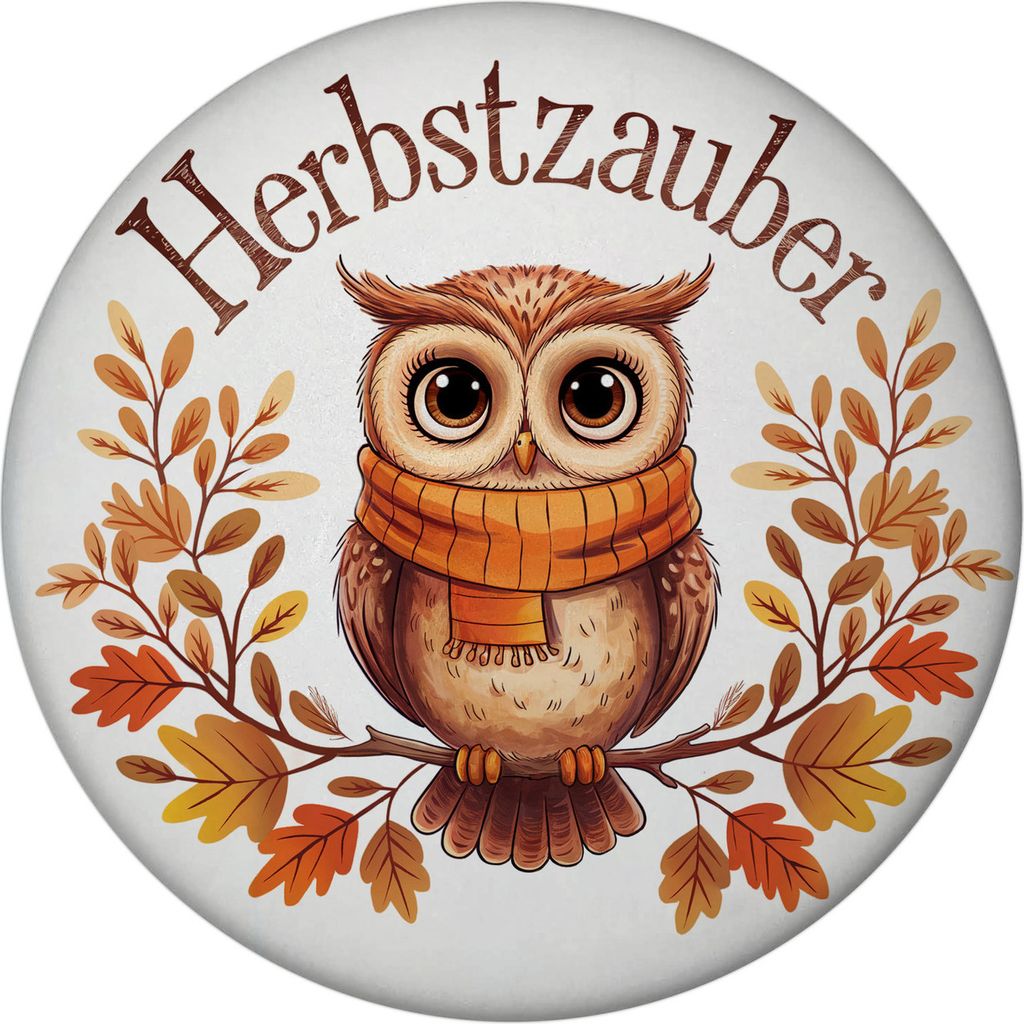 Niedliche Eule im Schal - Herbstzauber Magnet mit Flaschenöffner rund