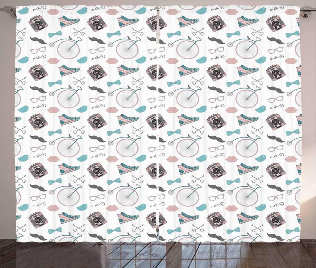 ABAKUHAUS Hipster Rustikaler Gardine, Hipster-Kamera mit Fliege, Schlafzimmer Kräuselband Vorhang mit Schlaufen und Haken, 280 x 175 cm, Getrockne...