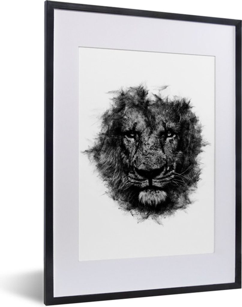 MuchoWow® MuchoWow® Gerahmtes Poster Löwe - Schwarz - Weiß Produktbild 