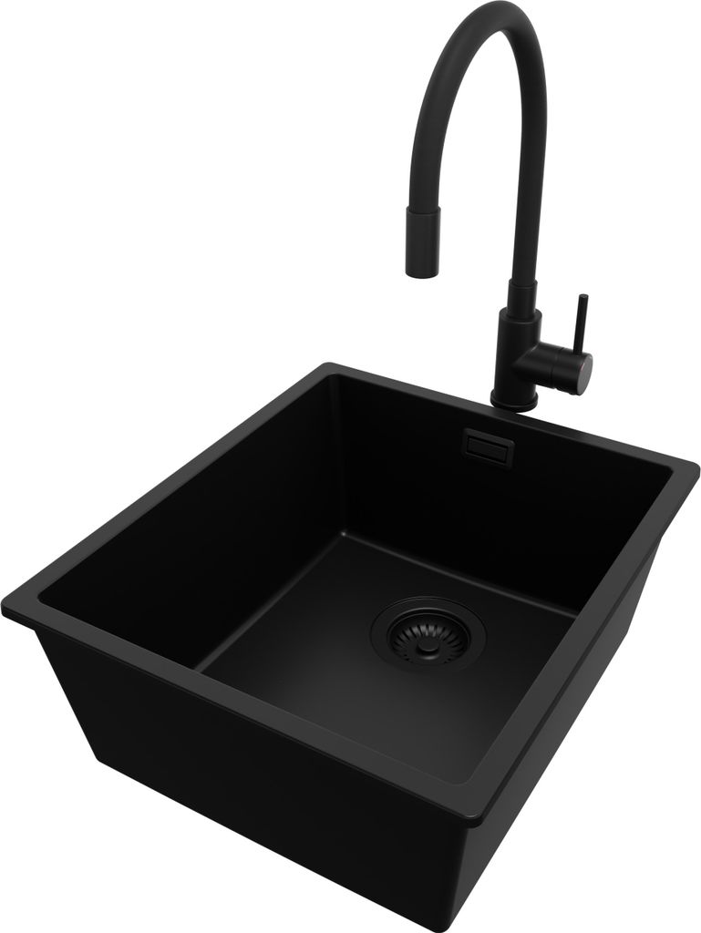 PRIMAGRAN Unterbauspüle Granit Alles Schwarz 41x47cm, Spülbecken 1 Becken + Küchenarmatur 40x38cm + Ablauf-Set, Granitspüle ab 45er Unterschran...