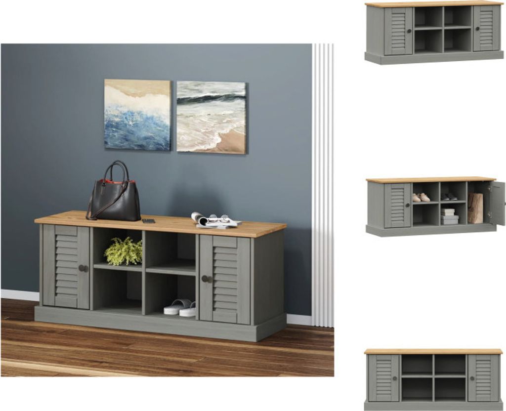 vidaXL Schuhbank VIGO Grau 106x35x45 cm Massivholz Kiefer - Truhen- & Flurbänke