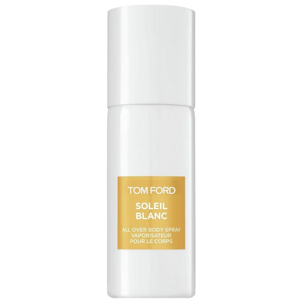 A white spray bottle of Tom Ford Soleil Blanc All Over Body Spray against a white background.