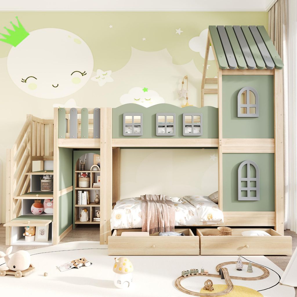 Kinder-Etagenbett 90x200 cm aus Kiefernholz & MDF Hausbett Produktbild 