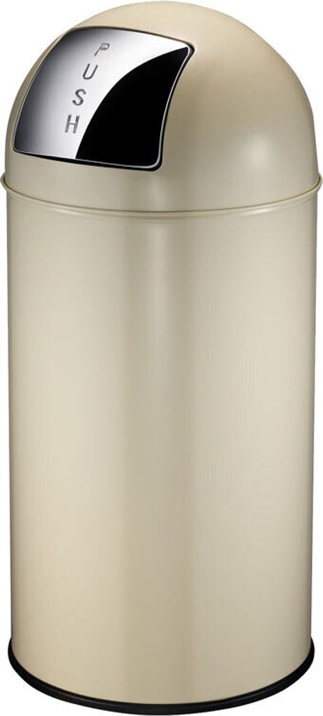 A cream-colored trash can with a silver push-button lid.