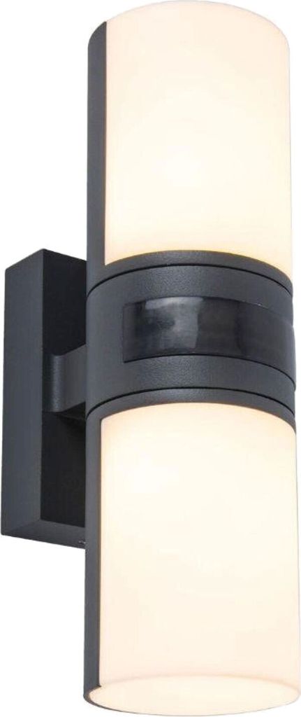 A modern, cylindrical outdoor wall light with two illuminated sections and a dark gray band in the middle, mounted on a dark gray bracket.