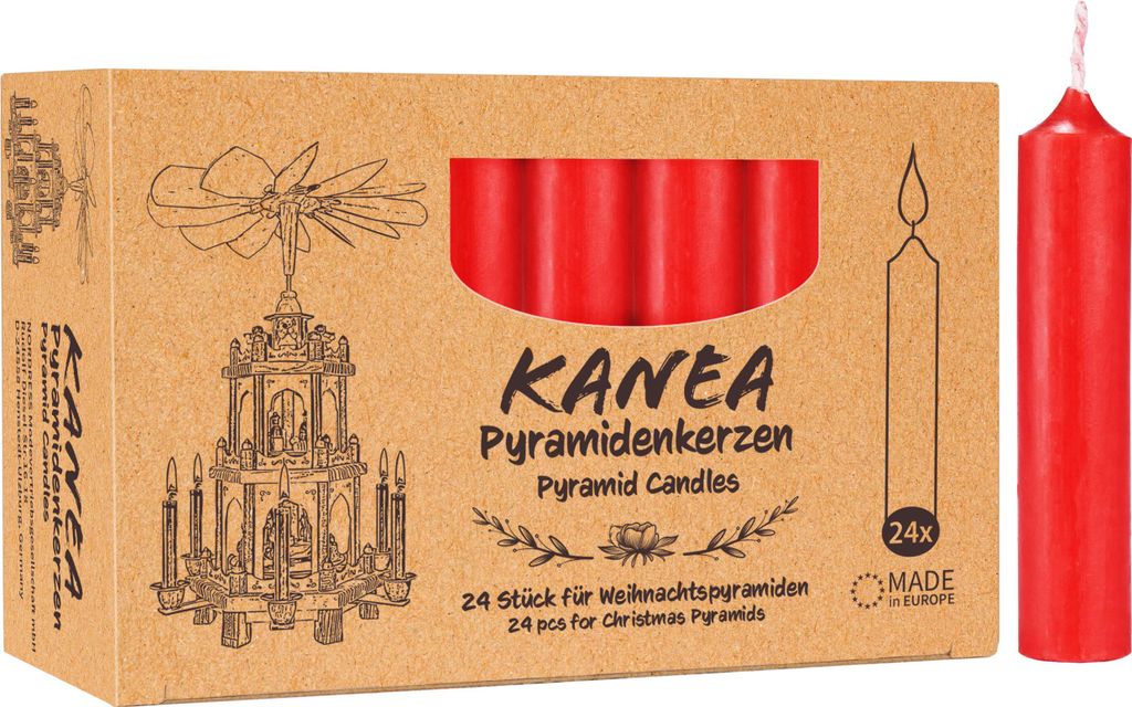 KANEA 24er Pack Pyramidenkerzen - Weihnachtskerzen für Pyramiden - Weihnachtspyramiden Baumkerzen aus Wachs - 7 cm groß, 14 mm Ø - Rot