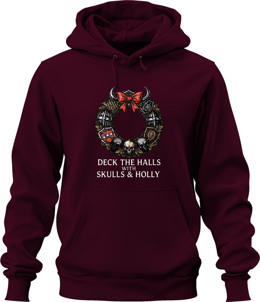 Deck The Halls With Skulls and Holly Gothic Weihnachtsgeschenk Uni Hoodie Kapuzenpullover, Burgundy, 3XL