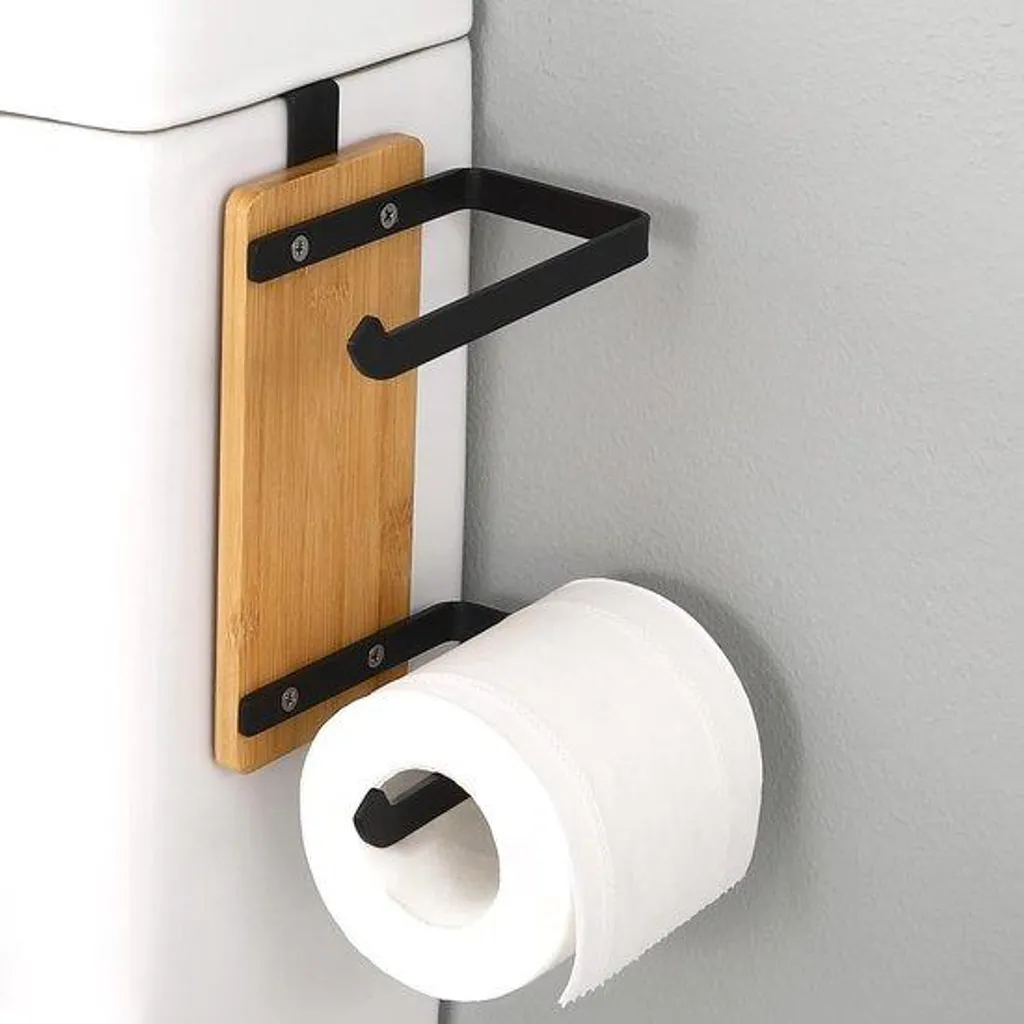 Double porte-rouleau WC en acier noir avec réserve de papier bambou