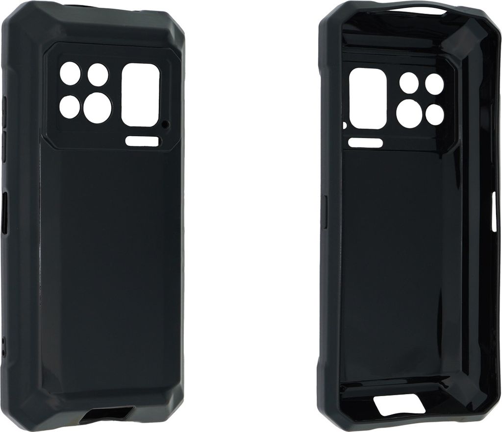 Two black phone cases are shown from different angles against a white background.