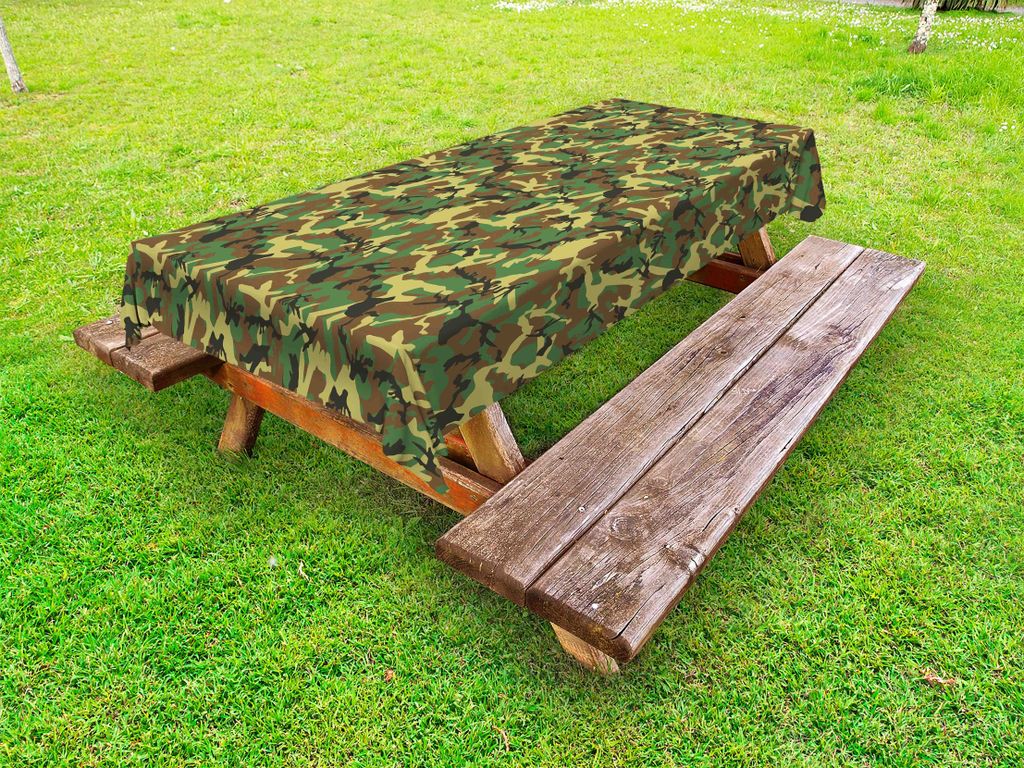 ABAKUHAUS Camo Tischdecke Outdoor, Waldland-Tarnungs-Muster-abstrakte Verdeckung, die im Dschungel sich versteckt, Grün Braun Dunkelgrün, 145x305cm