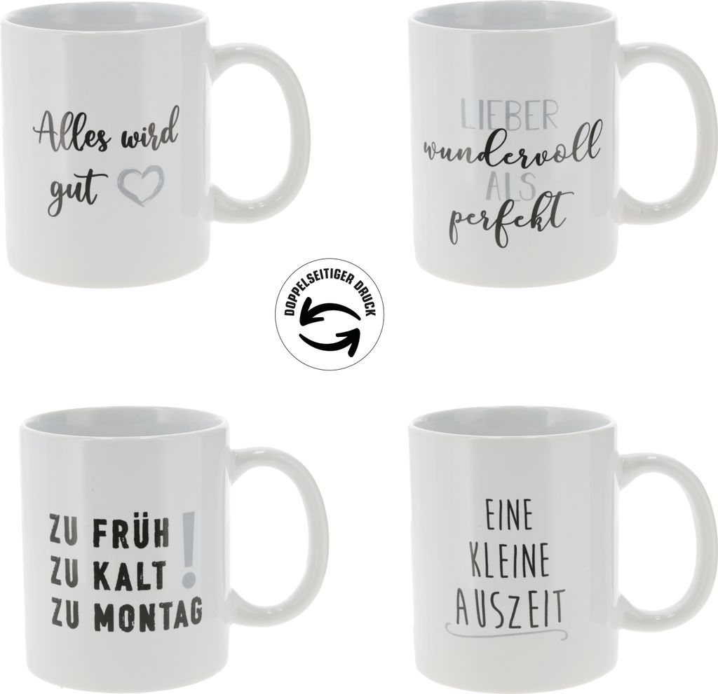 Becher SPRÜCHE 1 Stück 4 Sorten/unsortiert ca. 9,5cmH von CEPEWA Weiß/Schwarz