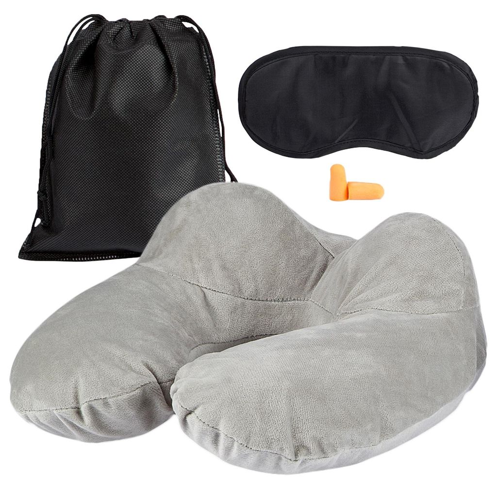 EAZY CASE ergonomisches Nackenkissen aufblasbar inklusive Schlafmaske Nackenhörnchen mit waschbarem Bezug in Grau