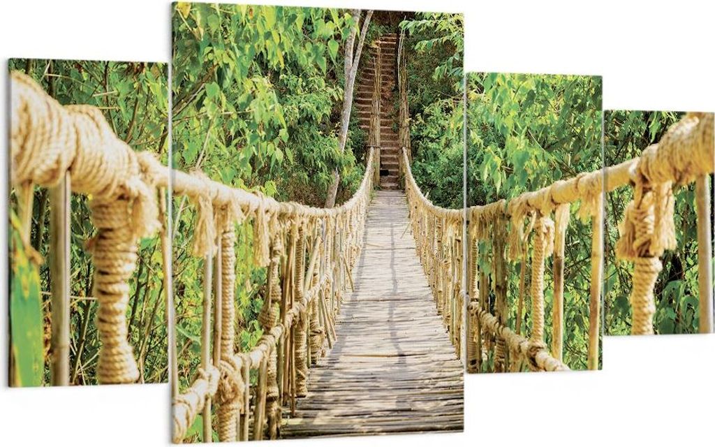Bild auf Leinwand - Leinwandbild - 4 Teile - Brücke Seil Dschungel - 160x90cm - Wand Bild - Wanddeko - Wandbilder - Leinwanddruck - Bilder - Wandd...