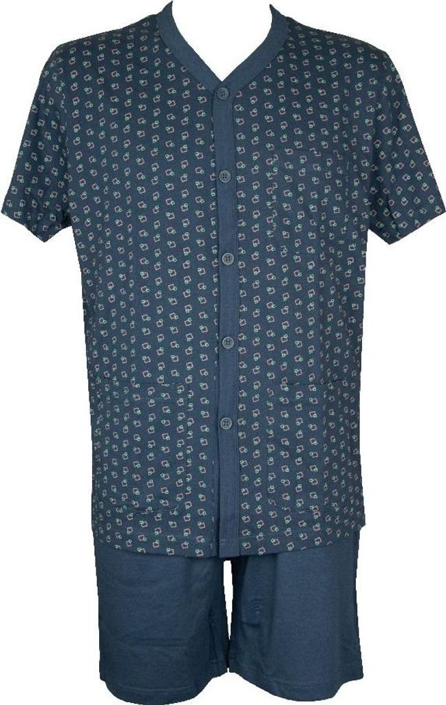 Herren Pyjama RAGNO V-Ausschnitt vorne offen mit Taschen Kurzarm kurze Hose Artikel U803NG, Taglia 48, Cotone 100%