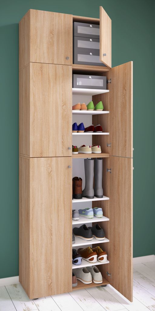 VCM Holz-Schuhschrank | Maße: H. 200 x B. 70 x T. 39 cm | Allzweckschrank | 9 Fächer | 4 Drehtüren | Aufsatz mit 2 Türen – Lona