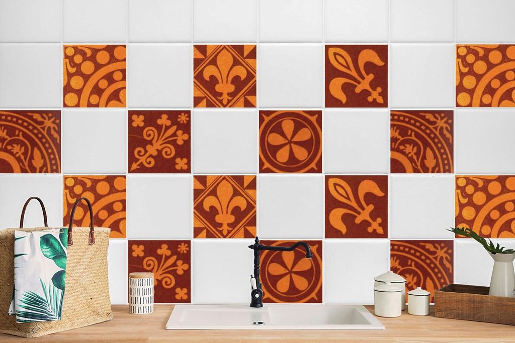 24 Stück Laminierter Sticker Selbstklebende Wandaufkleber Für Bad Küche Orange Retro 15 x 15 cm