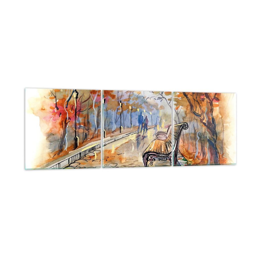 Bilder auf glas - Path Bench Herbst Frau - 90x30cm - Glasbilder - Wandbilder - Kunstdruck - zum Aufhängen bereit - Wanddekoration aus Glas - Glas ...