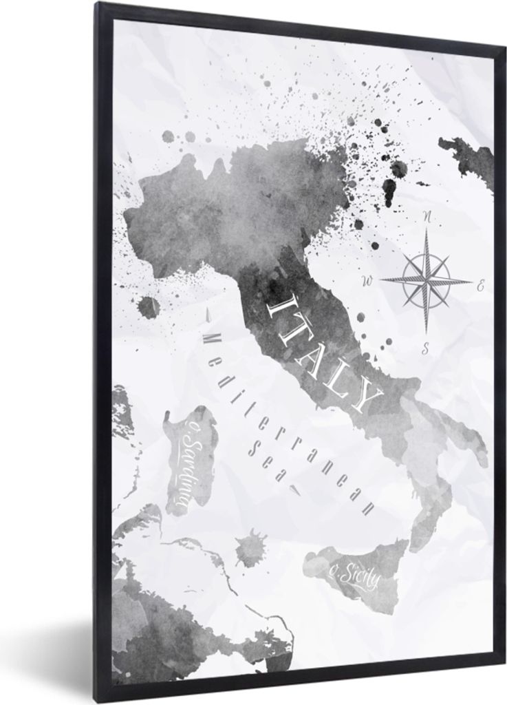MuchoWow MuchoWow Gerahmtes Poster Italien - Karte - Aquarell 40x60 cm - Poster mit zchwarzem Bilderrahmen - Papierdruck - Wandbilder