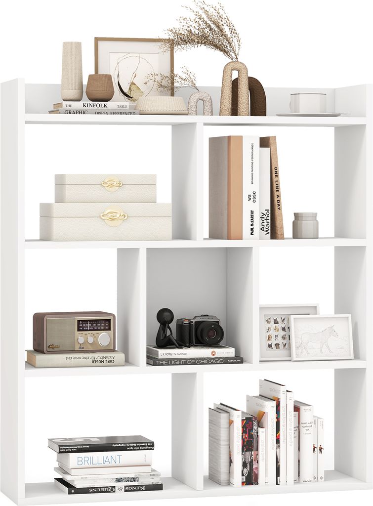 A white bookshelf filled with decorative items and books.