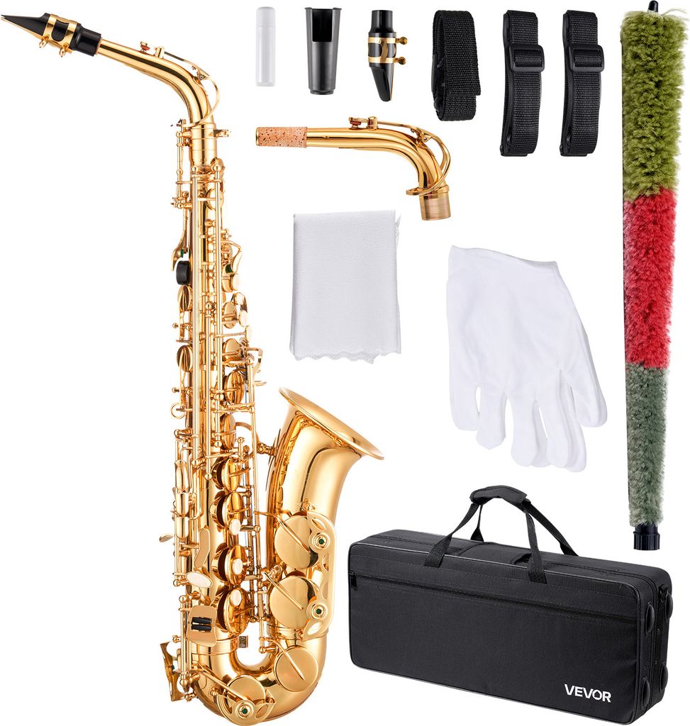 A saxophone and its accessories are laid out on a white background.