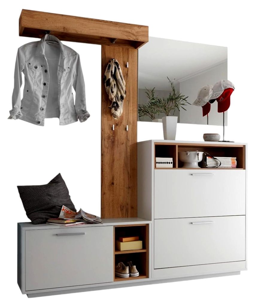 Kompaktgarderobe Meran in Weiß mit Wildeiche-Akzenten, Schuhkipper, Paneel, Bank und Spiegel 177 x 195 x 32 cm (B/H/T)