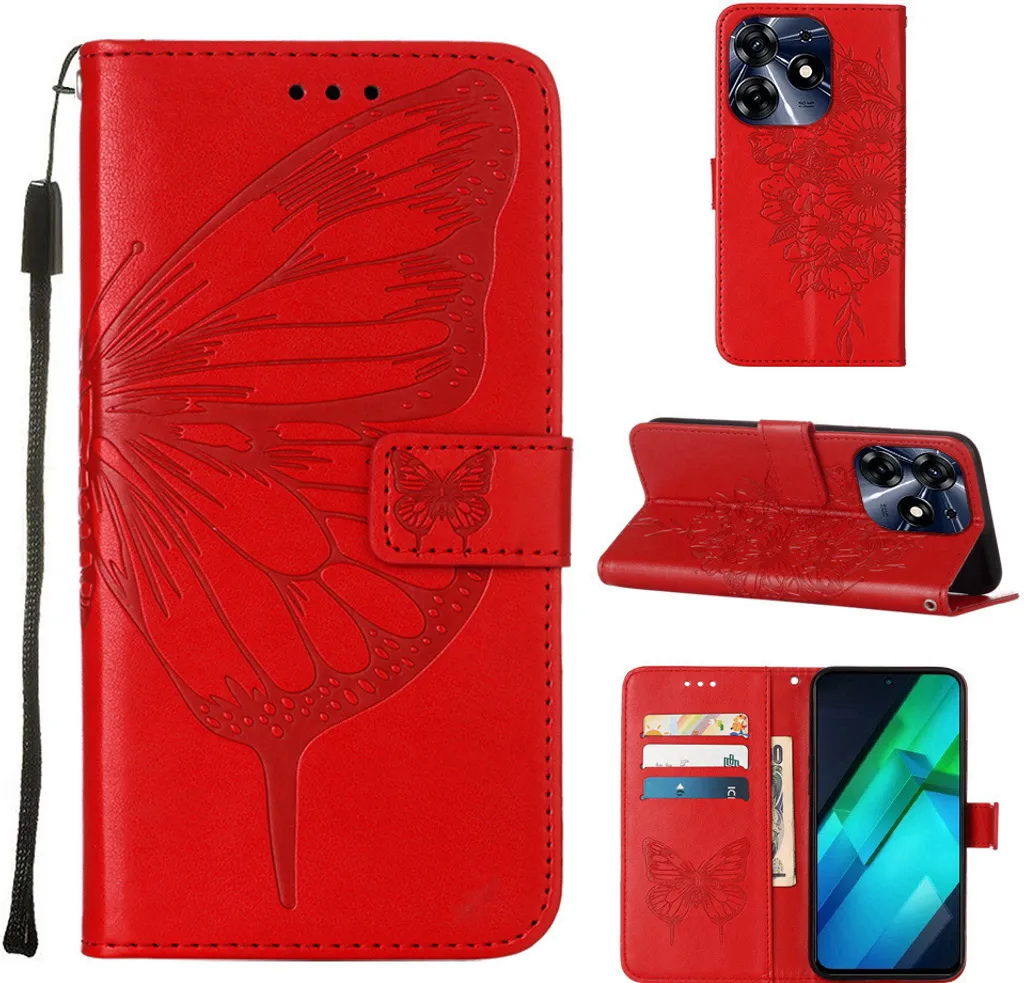 Custodia Tecno Spark 10 Pro Rosso Farfalla in Pelle - Flip Cover Wallet