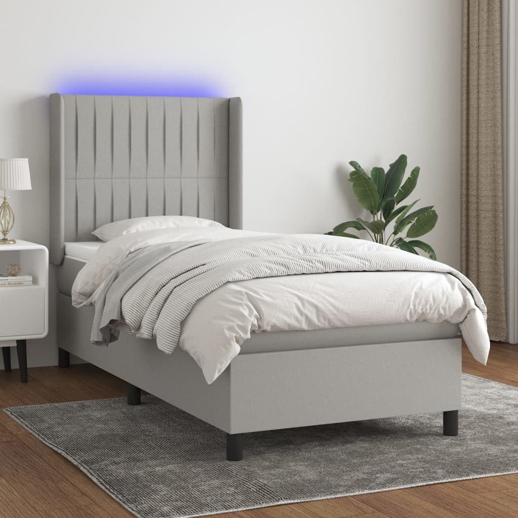 The Living Store Boxspringbett mit Matratze & LED Hellgrau 100x200 cm Stoff