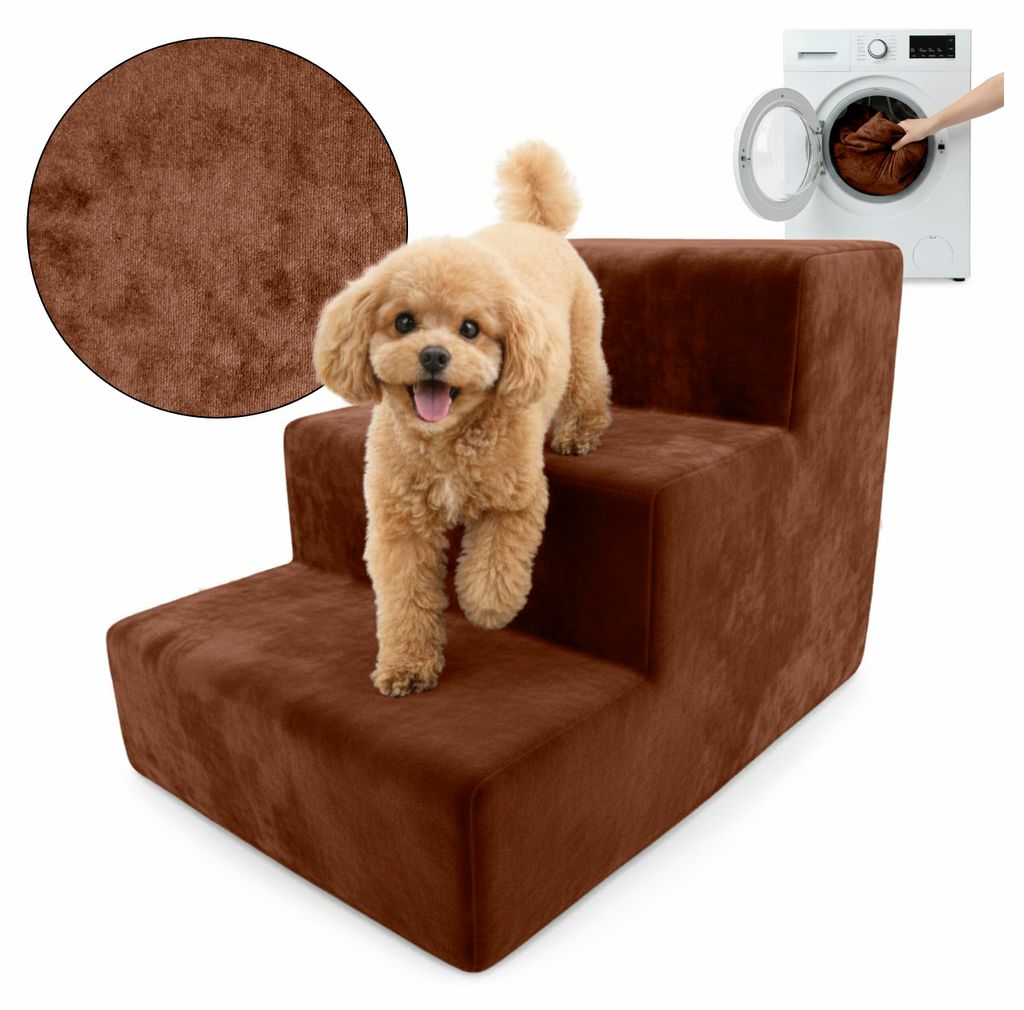 Muralo Treppe für Hund und Katze Rampe HUNDETREPPE Treppe für Haustiere 3 Stufen Honigfarbe Magic Velvet Stoff