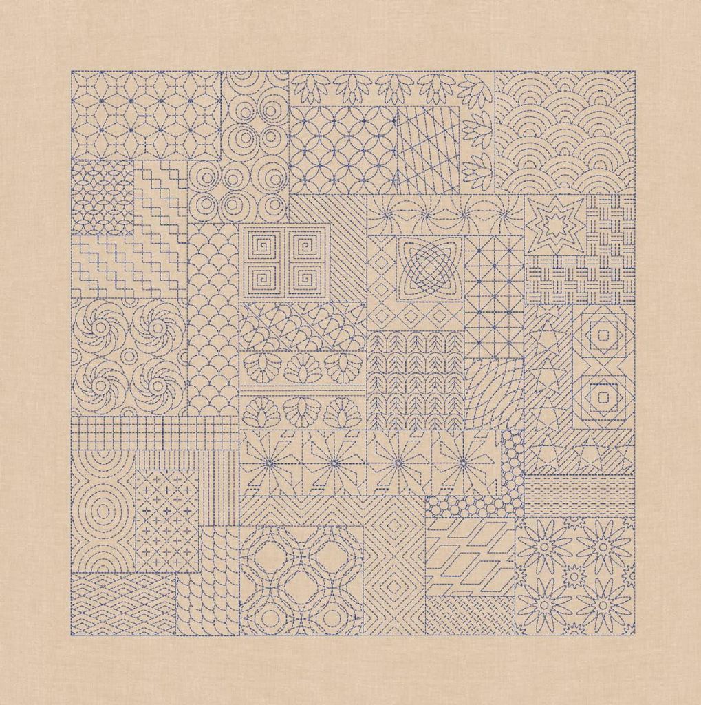 A flat lay of a Sashiko embroidery pattern on a beige background.
