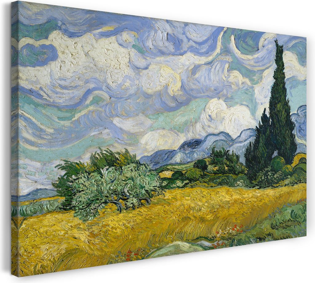Leinwandbild (100x70cm): Vincent van Gogh - Weizenfeld mit Zypressen (1889), echter Holz-Keilrahmen inkl. Aufhänger, handgefertigt in Deutschland
