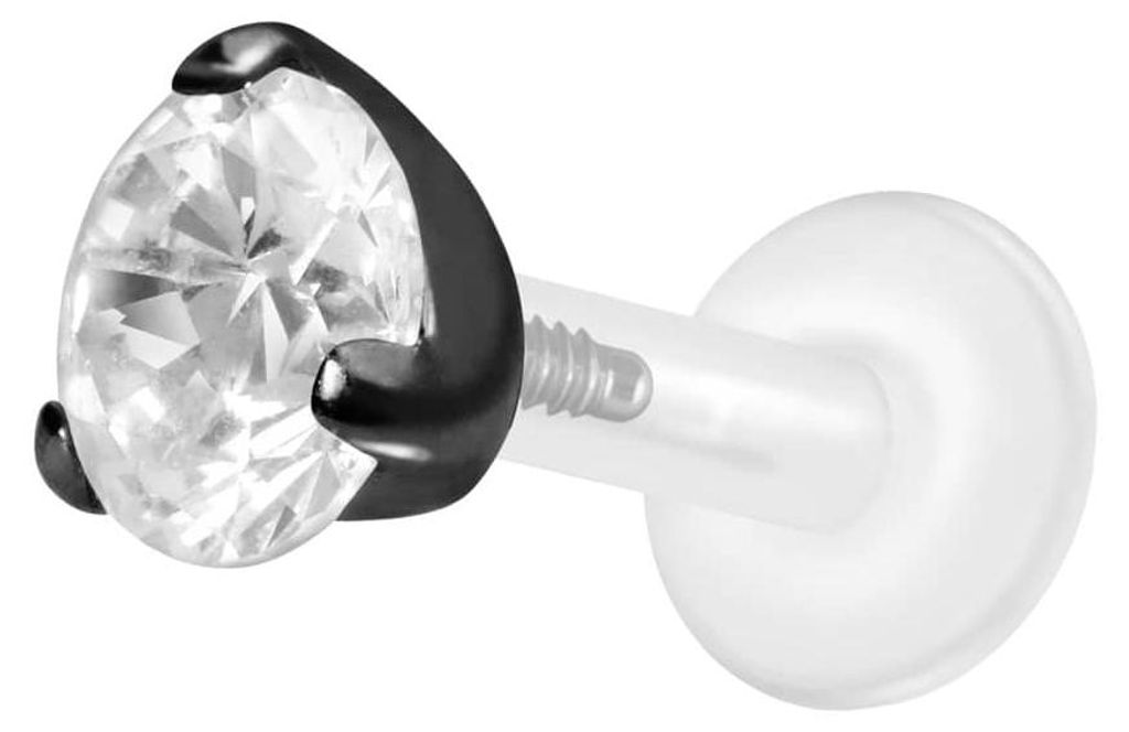 Ohrpiercing, Nasenpiercing PTFE Labret mit Innengewinde + Titan-Aufsatz EINGEFASSTER KRISTALL Schwarz Stablänge: 6mm | Stabstärke: 1,6mm | Krista...