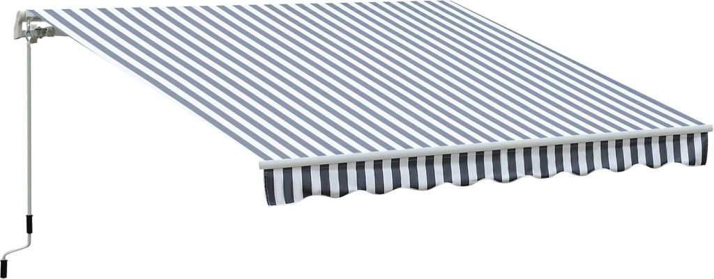 A striped awning extended from a white background.
