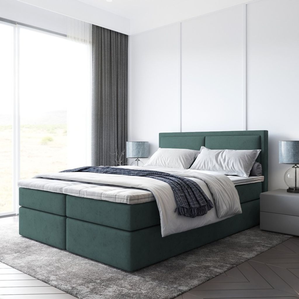 Bett, Boxspringbett SUZI mit Bettkästen und T25 Topper, Doppelbett, Stauraum, Schlafzimmer, Polsterbett, 180x200 cm. (Grün - Itaka 10)