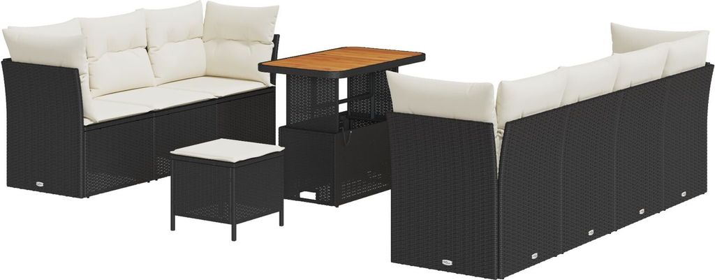 Langlebige 10-teiliges Garten Sofa Set mit Kissen Schwarz Poly Rattan Akazie, 3-teiliges Garten Esstisch Set mit Kissen Schwarz Poly Rattan Akazie ...