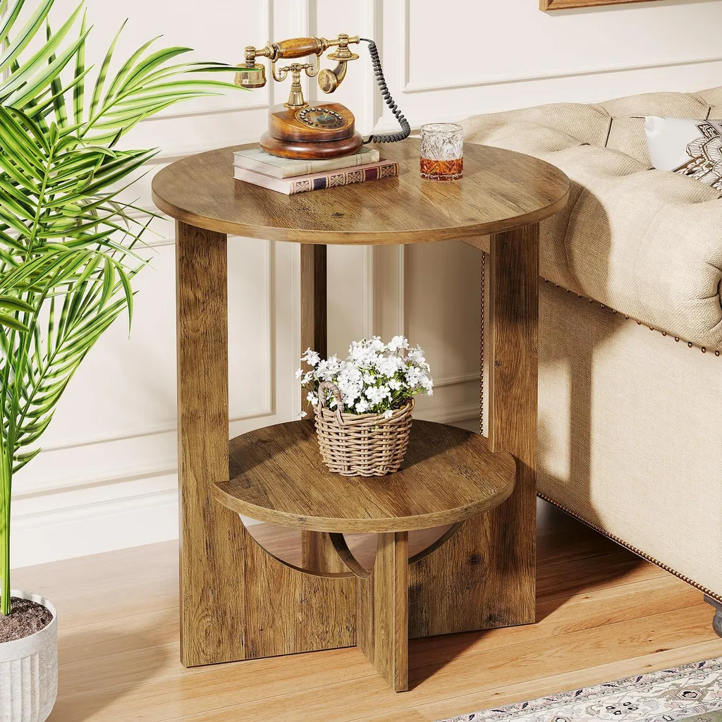 Tribesigns Table d'appoint ronde 50cm marron avec rangement à 2 niveaux