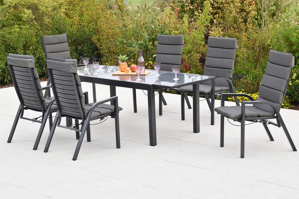 Merxx Gartenmöbel Set Siros 13tlg., 6 Sessel verstellbar durch Gasdruck, 6 Auflagen, Ausziehtisch 150 (210) x 90 cm- Aluminium
