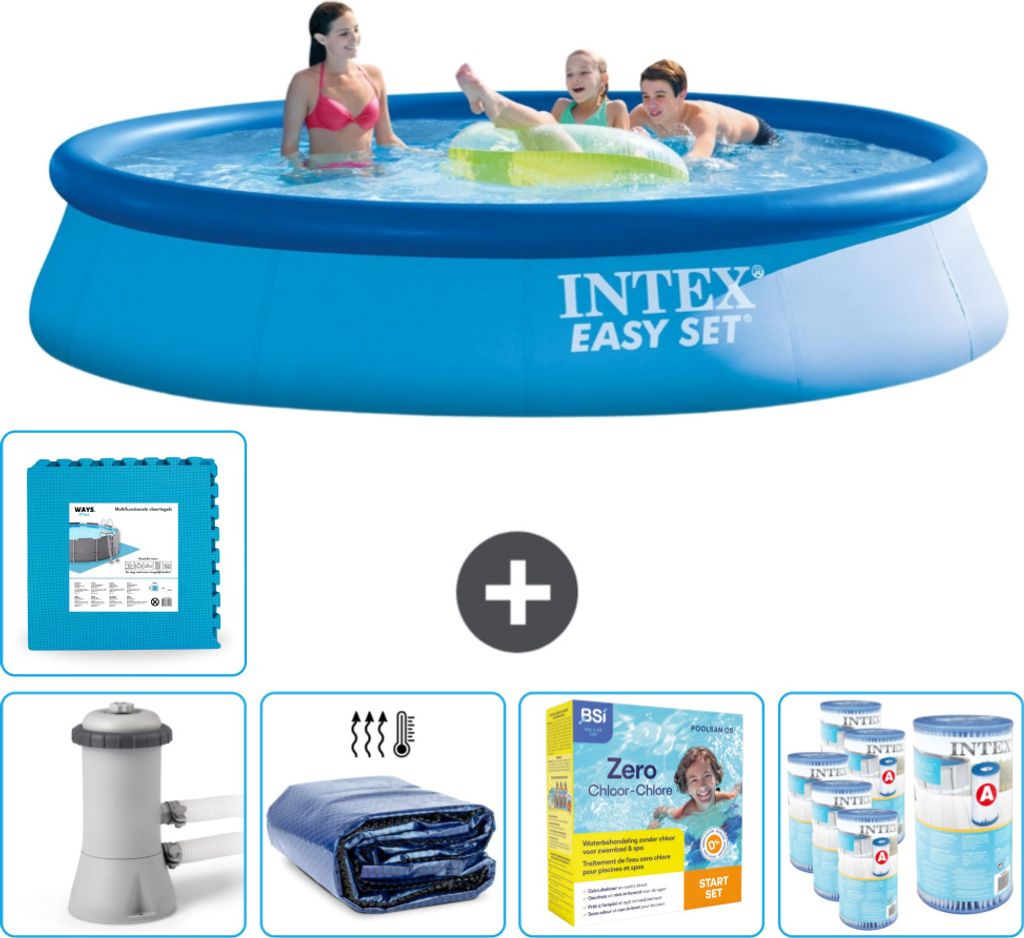 Intex runder aufblasbarer Easy Set-Schwimmpool – 396 x 84 cm – Blau – inklusive Pumpe Sonnensegel - Wartungspaket - Filter - Bodenfliesen