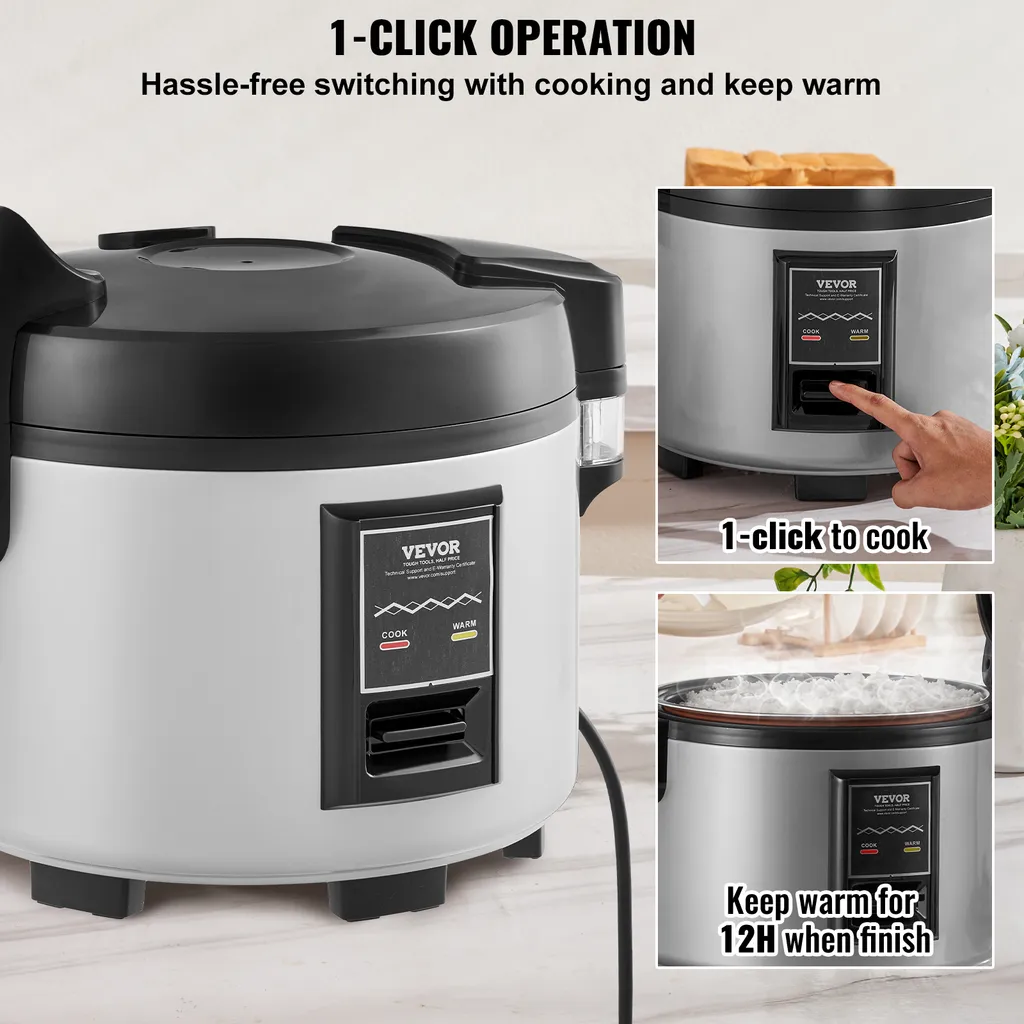 VEVOR Cuociriso commerciale, cuociriso da 45 tazze, grande cuociriso e scaldavivande da 9 litri con pentola interna antiaderente, cottura rapida e mantenimento del calore per 12 ore, con tazza e paletta per il riso - 6
