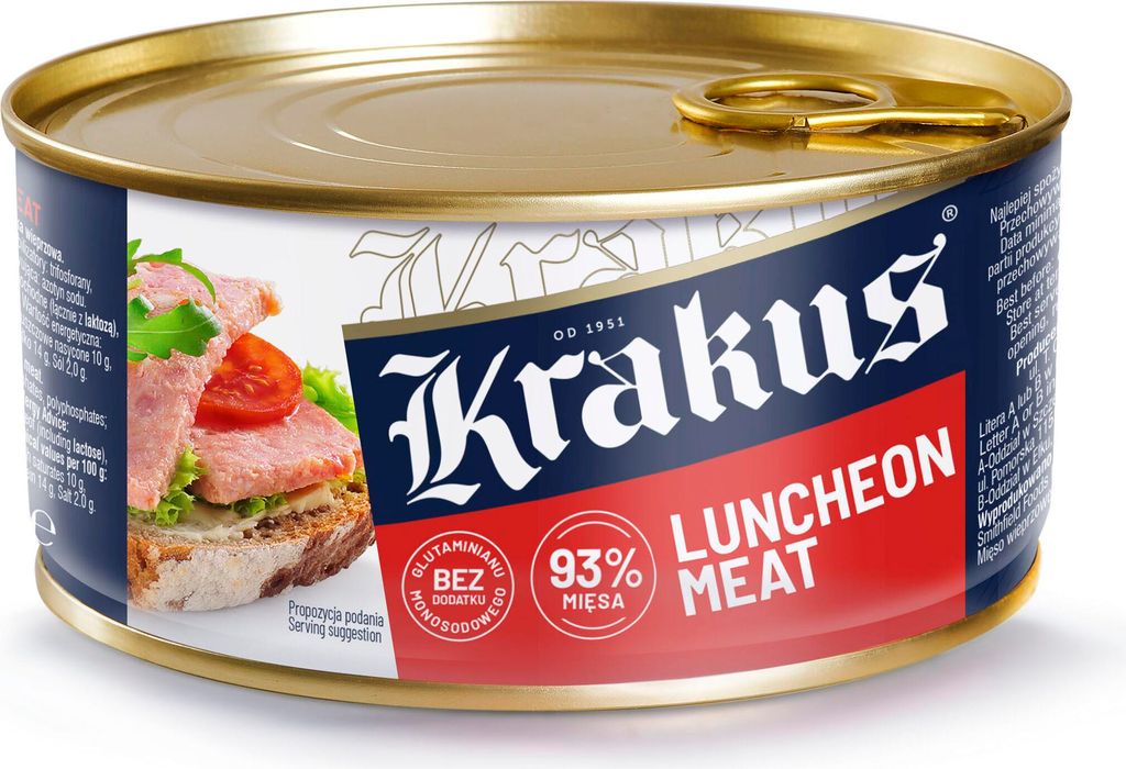 A can of Krakus Luncheon Meat is shown against a white background.