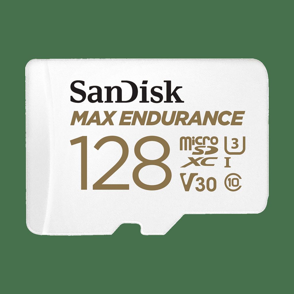 A white microSD card with gold text and markings, set against a green background.