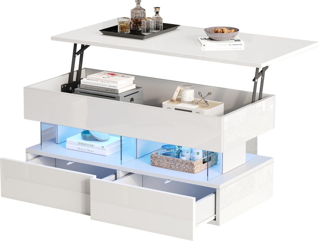 Anhebbarer Couchtisch Sofatisch mit höhenverstellbarer Tischplatte und verstecktem Stauraum,Beistelltisch mit LED,kaffeetisch mit 2 Schubladen