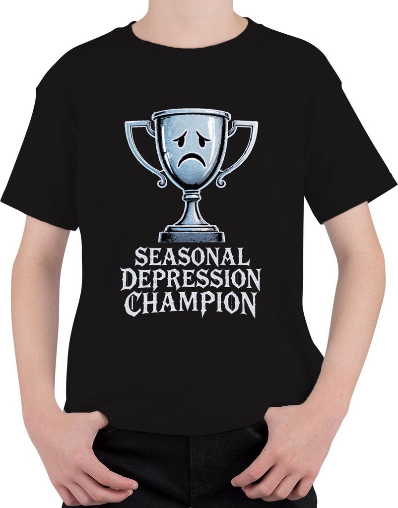 Seasonal Depression Champion Trophy Sad Face Lustig Geschenk Uni Kinder T-Shirt, Schwarz, 128