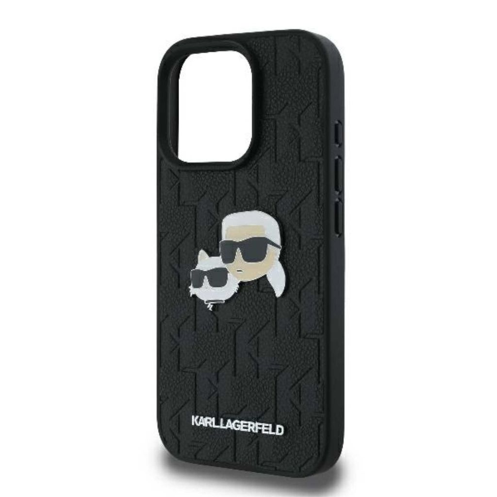 A black iPhone case with a Karl Lagerfeld monogram pattern and a Karl & Choupette head pin.