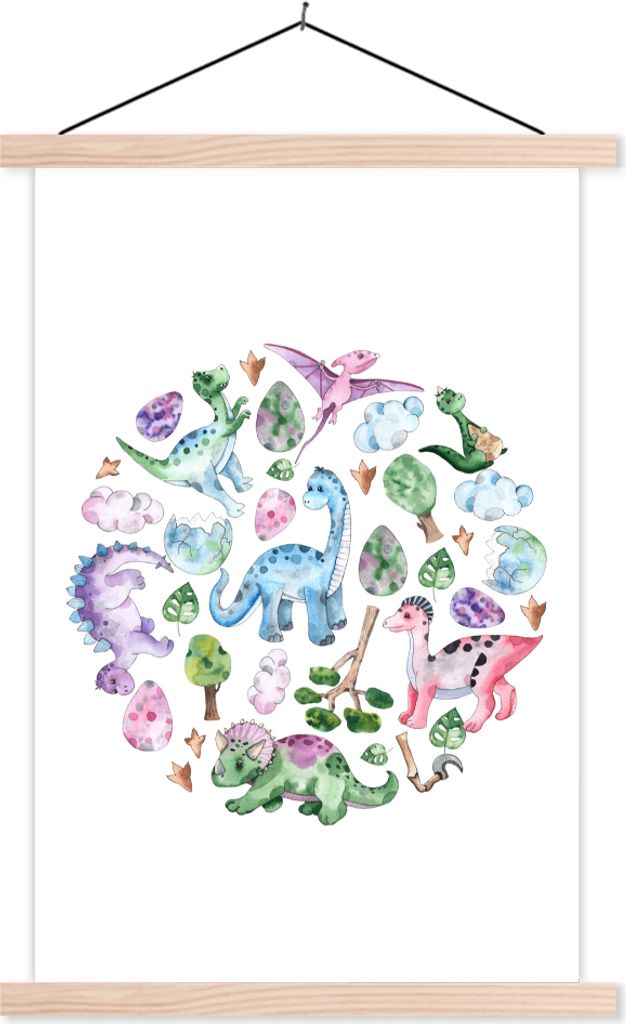 MuchoWow Textilposter Dinosaurier - Muster - Kinderzimmer - Mädchen - Kinder - Rosa - Kind 40x60 cm mit holzfarbenen Rahmen - Poster