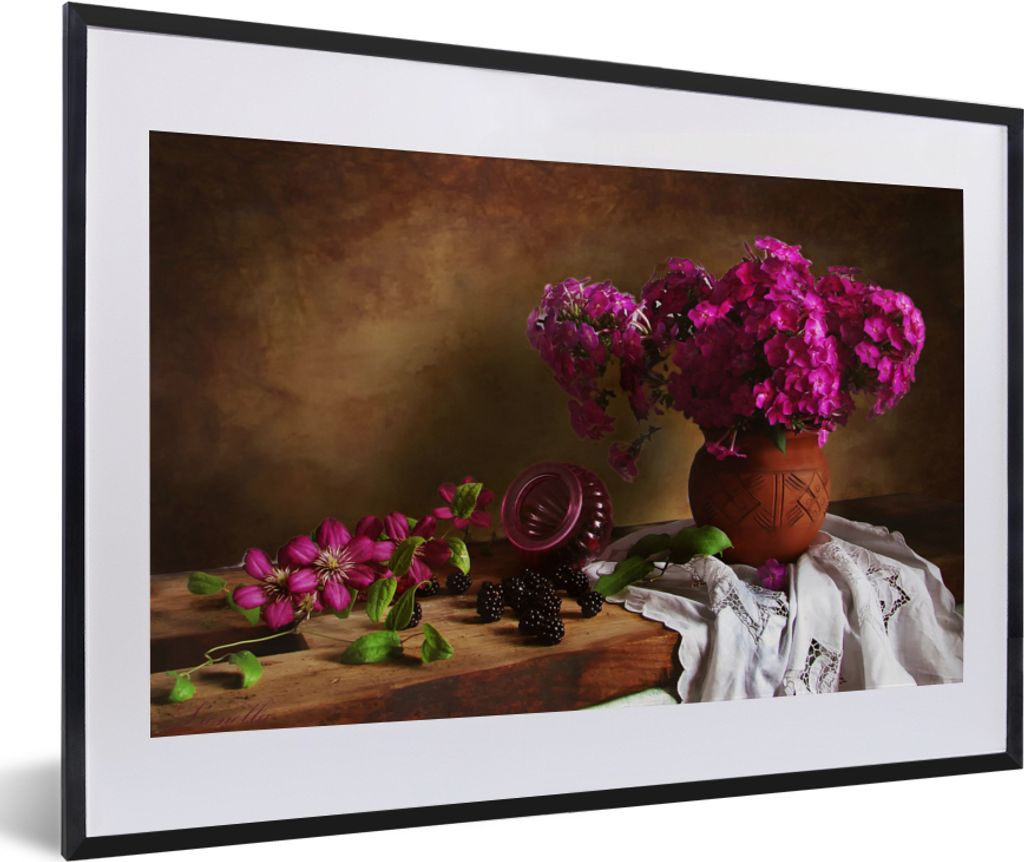 MuchoWow Gerahmtes Poster Rustikal - Blumen - Rosa - Vase - Stilleben 60x40 cm - Poster mit Schwarzem Bilderrahmen Wandposter Rahmen Foto Bilder ...